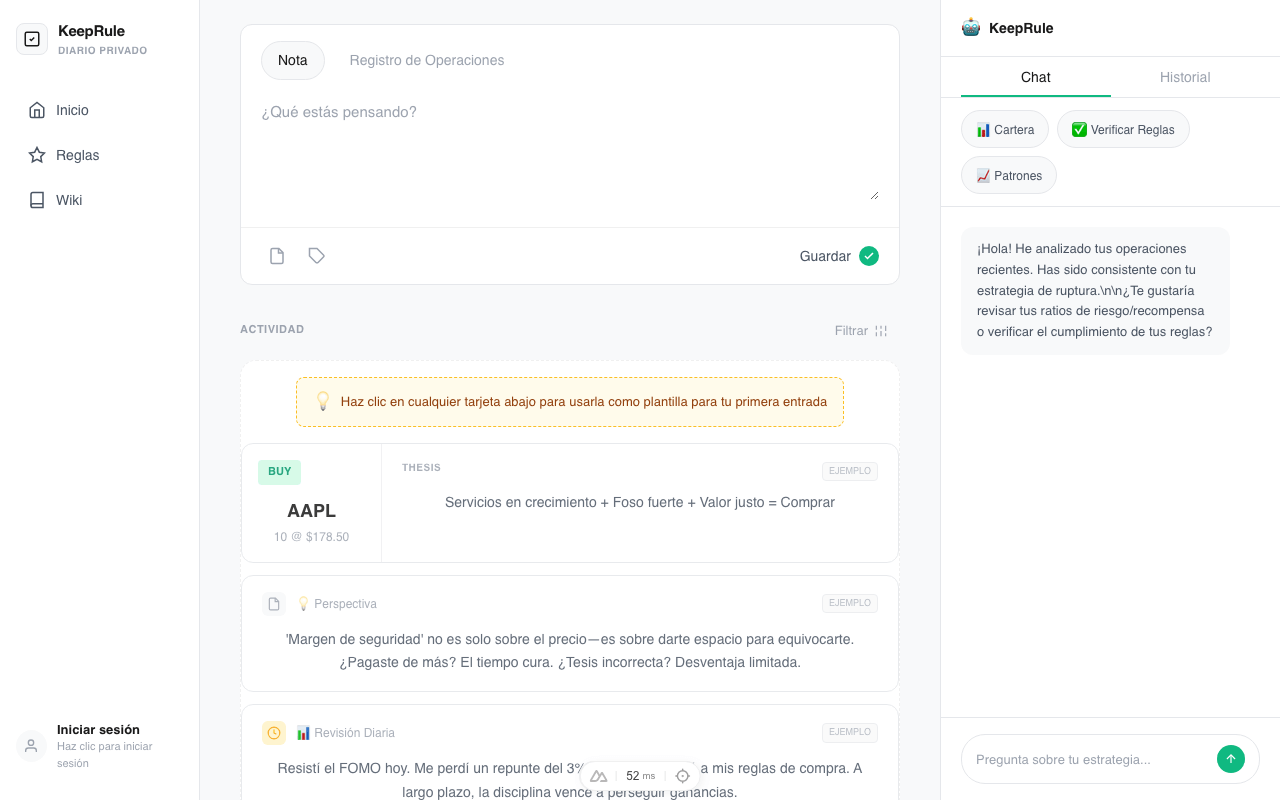 Interfaz del producto KeepRule mostrando el seguimiento de sabiduría inversora